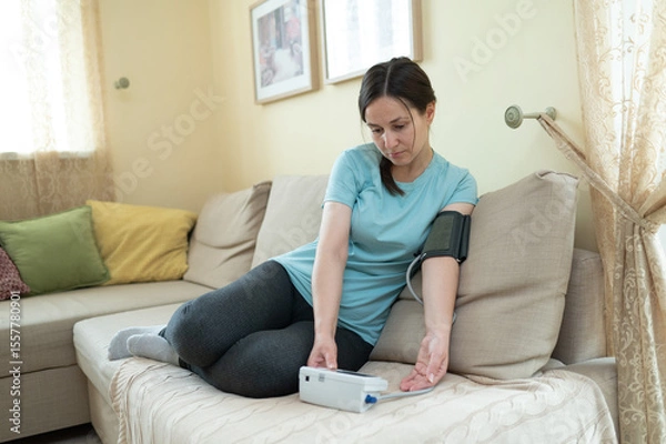 Obraz European young woman sits on sofa and checks blood pressure with digital monitor, looking focused on the result in quiet home environment