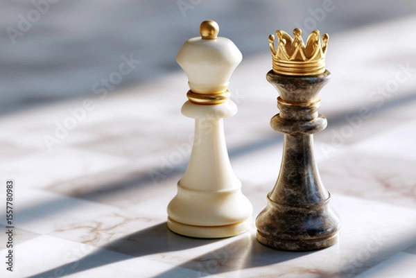 Obraz Chess queen pieces with king's crown, strategic game concept on chessboard background with shadow