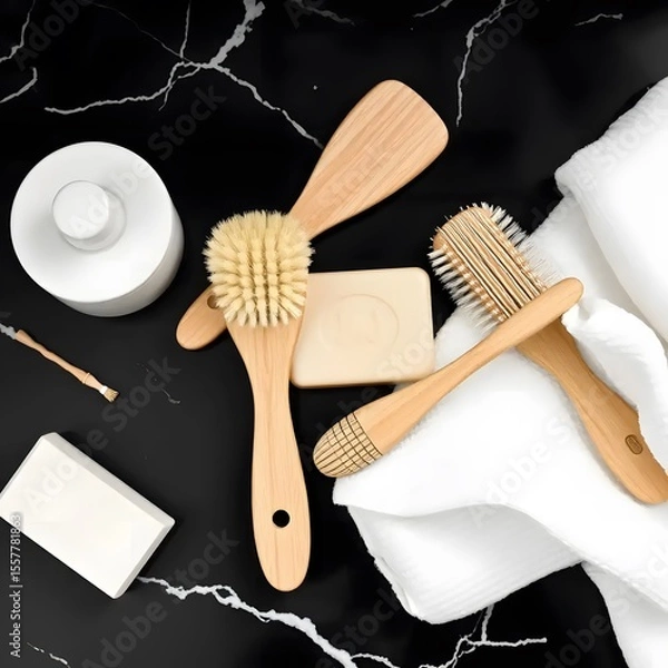 Obraz Wooden fork and knife on a napkin, isolated silverware set on a white table