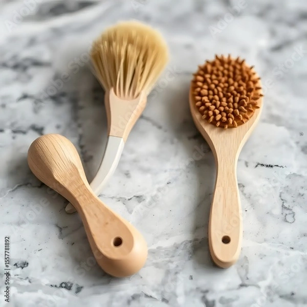 Obraz Isolated wooden kitchen utensils including spoons, forks, and brushes are arranged on a white background