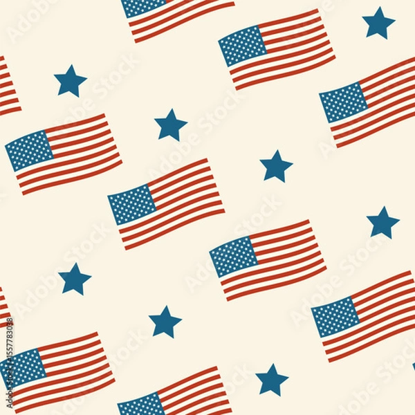 Fototapeta Seamless vector pattern with American flags and stars. Perfect for 4th of July, Independence Day, textile, wrapping, and patriotic designs. Modern, minimal, red white and blue.
