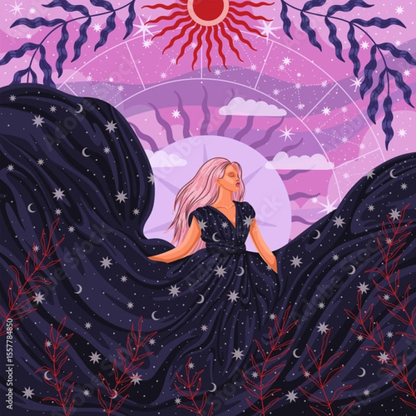 Obraz modern illustration in boho country style with elements of astrology and tarot. female character and constellations