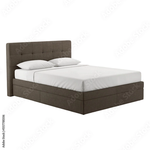 Obraz Modern upholstered bed with white bedding in contemporary style  isolate on a transparent background