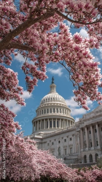 Fototapeta Capitol building at spring blossom magnolia tree, Washington DC. U.S. Capitol exterior photos. Capitol at spring. Capitol architecture.
