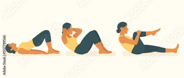 Fototapeta Fitness workout icon. Woman doing glute bridge, crunch, and knee-to-chest on mat. Strengthening core, abs, back, and hips for home or gym training.
