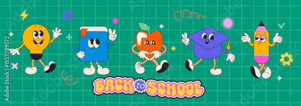 Fototapeta School characters of funny school items with different emotions and back to school greeting. Kawaii happy characters of school supplies-book, ball, pencil, flask, bulb, apple. Vector illustration.