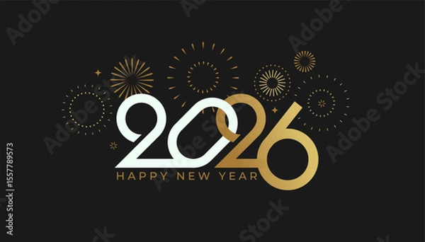 Fototapeta Celebrating 2026 New Year.Elegant minimalistic greeting card for happy event with abstract golden fireworks,white and gold numbers on black background.Template for poster,flyer,web.Vector illustration