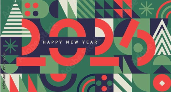 Fototapeta Geometric modern banner for 2026 New Year.Greeting poster with numbers on minimalistic background with simple geometry shapes.Template for flyer,web, cover,calendar,web,print.Vector illustration
