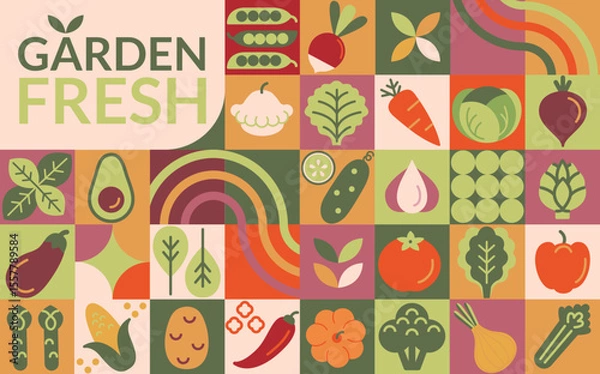 Fototapeta Healthy organic vegetables. Geometric background with vegetable from garden in simple flat style-carrot,onion, potato,corn,broccoli, avocado,tomato, pepper, cucumber, basil.Fresh natural food.Vector