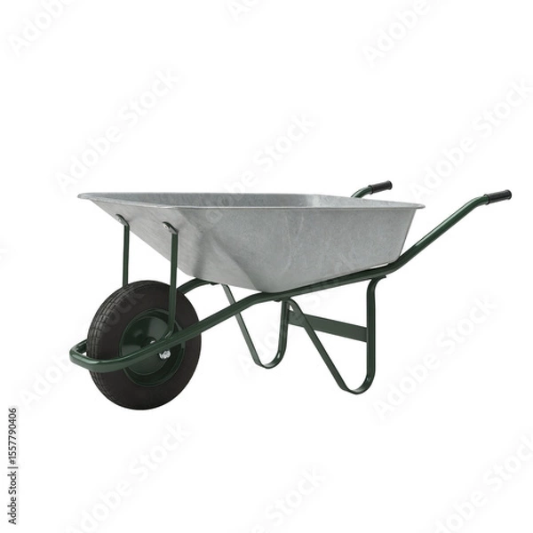 Obraz Galvanized wheelbarrow with green handles and black tire  isolate on a transparent background