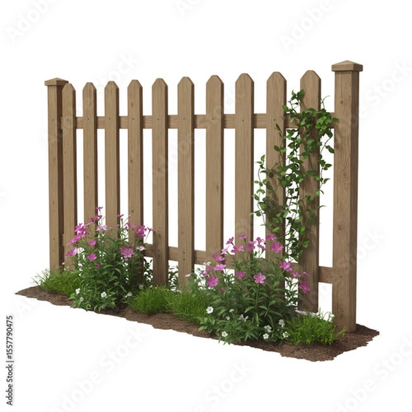 Obraz Wooden picket fence with flowers and greenery in garden setting  isolate on a transparent background