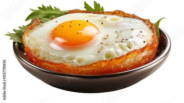 Fototapeta Delicious fried egg sits in a bowl garnished with greens, offering a tempting breakfast or brunch option for a healthy diet transparent.