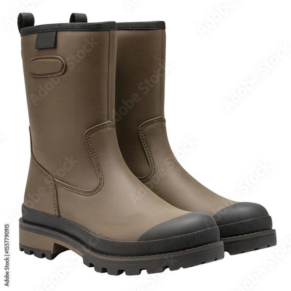 Obraz Durable brown rubber boots with thick sole for outdoor activities  isolate on a transparent background