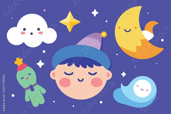 Fototapeta A cartoon illustration of a baby boy sleeping soundly under a starry Christmas night sky with a crescent moon