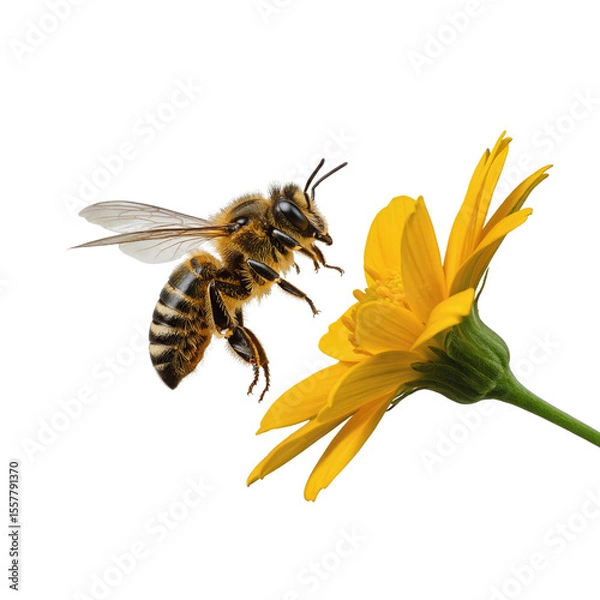 Obraz Honeybee flying towards vibrant yellow flower isolate on a transparent background