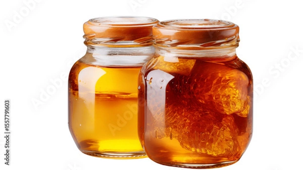 Fototapeta Two jars filled with fresh golden honey, one containing honeycomb, on a neutral background suggesting natural sweetness transparent.