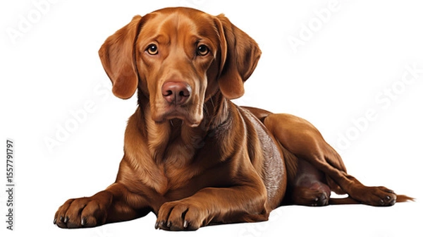 Fototapeta Hungarian Vizsla laying down and looking at the camera with soft studio lighting, showcasing its expressive eyes and sleek brown coat transparent.
