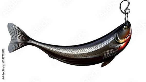 Fototapeta Metallic artificial fishing lure with a sharp hook against gradient gray, an effective tool for angler to catch fish transparent.