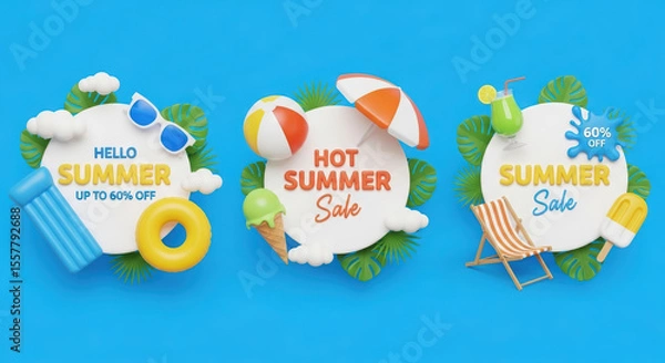 Fototapeta Three summer compositions with beach vacation elements and "Hello Summer" and "Summer Sale" inscriptions on a blue background.