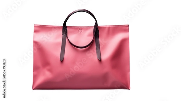 Fototapeta Stylish pink tote bag with leather handles displayed on a wooden surface against a gray backdrop provides a modern aesthetic transparent.