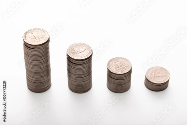 Fototapeta Coin on white background, stacked coins, isolated, sort by level, Thai bath