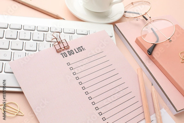 Fototapeta To-do list in a notepad on your desk in the office. Organising time