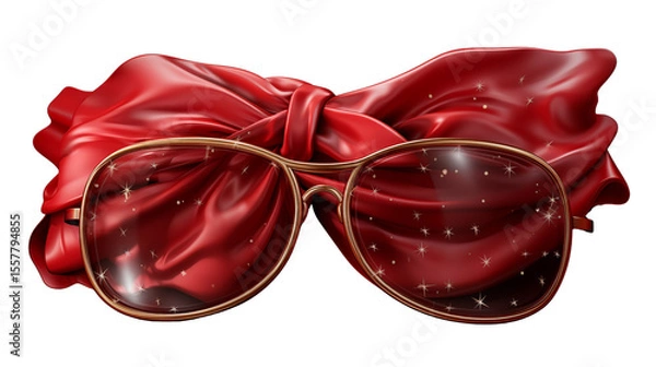 Fototapeta Elegant eyeglasses rest on a red silk fabric against a dark backdrop, reflecting tiny stars for a stylish visual transparent.