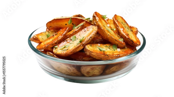 Fototapeta A tempting bowl of seasoned potato wedges is beautifully presented against a crisp white background, ready to enjoy transparent.