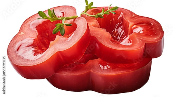 Fototapeta Fresh red bell pepper slices stacked and garnished with thyme make for a visually appealing food preparation concept transparent.