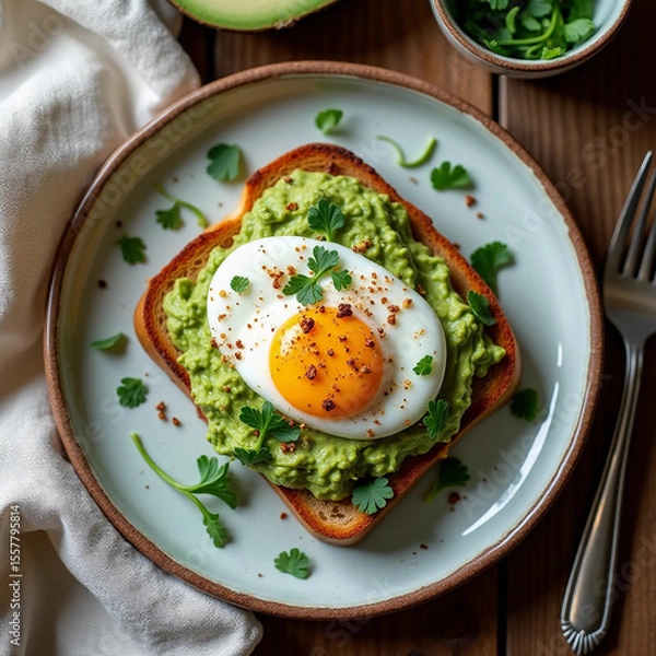 Fototapeta Healthy Breakfast Toast with Avocado and Poached Egg
