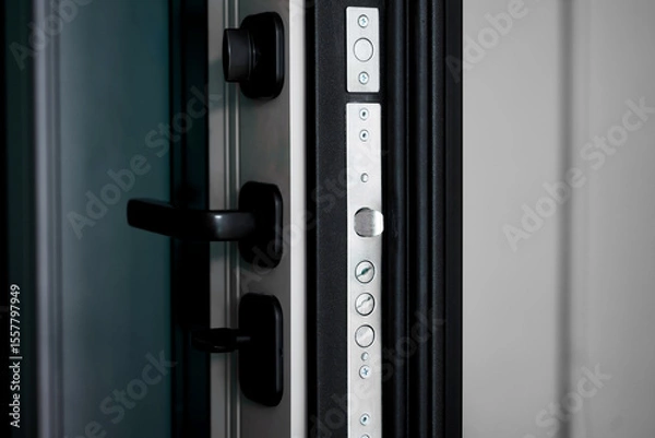 Obraz A slightly ajar thick armored door reveals a heavy lock mechanism and latch in a modern home entrance. Photo. Selective focusing. High resolution