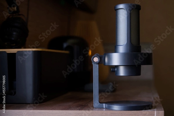 Obraz Close-up of a modern condenser microphone on a sleek desk with studio headphones and warm wood accents in a recording studio interior. Photo. High resolution