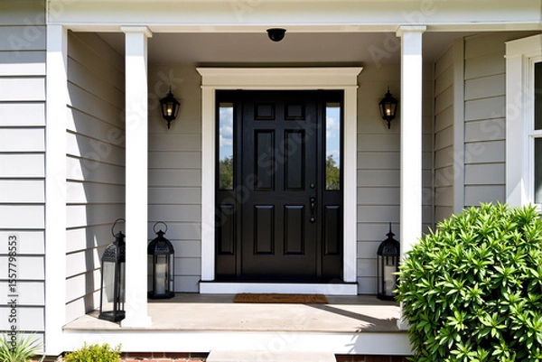 Fototapeta Elegant black front door with decorative glass panels set in a classic white frame with columns, creating a welcoming, traditional entrance to an upscale suburban home, flanked by two  sconce lights