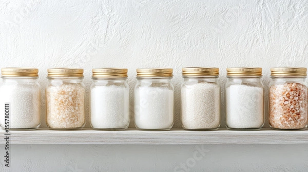 Fototapeta glass jars filled with different kinds of salt are arranged side by side on a shelf. Variety of salts in jars, kitchen storage 