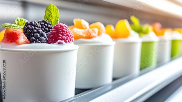Fototapeta Yogurt cups with assorted fruits are arranged in a row on a counter. Fresh dessert variety