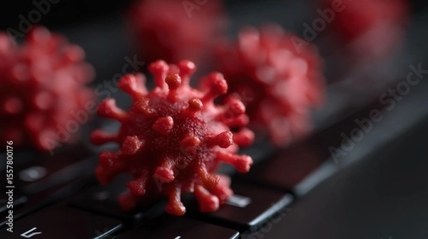 Fototapeta A red spiky computer virus on a black keyboard in a dark digital environment symbolising cyber security threats.