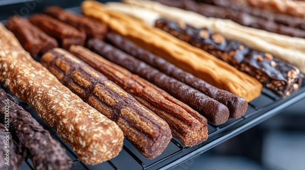 Fototapeta Assorted churros in various flavors are neatly arranged on a cooling rack. Variety baked pastry concept
