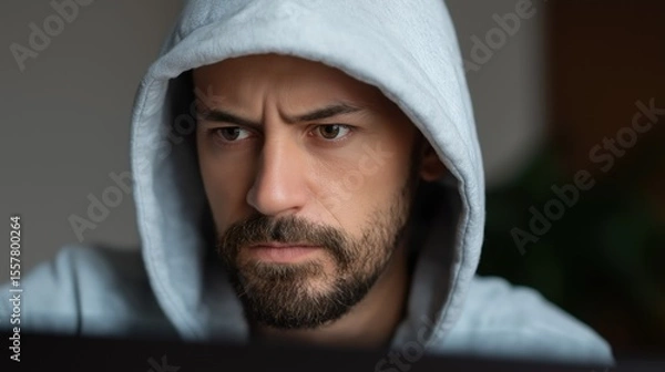 Fototapeta A focused white man with a beard in a grey hoodie, looking intently at a computer screen as he works or programs.