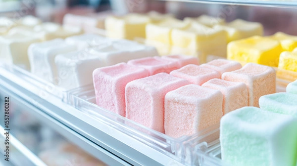 Fototapeta Marshmallows in pastel colors are neatly arranged on a display shelf. Sweet treats, colorful confectionery
