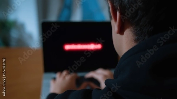 Fototapeta In a dimly lit room with a wooden desk, a person in a dark hooded sweatshirt is typing on a laptop that displays 'Access Denied'.