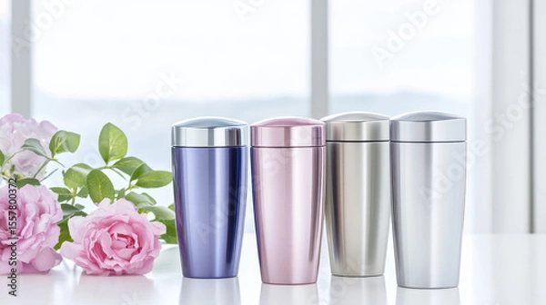 Fototapeta Four metallic travel mugs in blue, pink, grey, and silver are placed on a white surface beside pink flowers. Concept: Elegance and functionality in drinkware