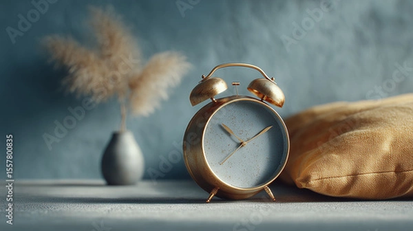 Fototapeta Vintage gold alarm clock placed on a textured surface beside a soft pillow and a decorative vase with dried plants, creating a cozy home atmosphere