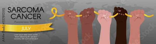 Fototapeta Illustration of diverse hands holding a yellow ribbon for Sarcoma Cancer Awareness Month, celebrated in July, with global unity theme
