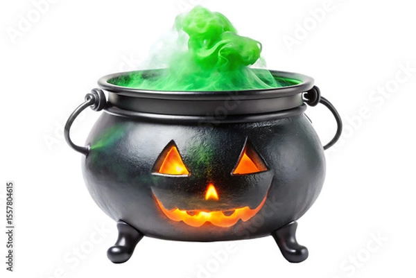 Fototapeta Black Halloween cauldron with glowing jack o lantern face and bubbling green smoke isolated on a transparent background 1