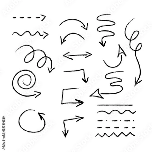 Fototapeta Hand drawn doodle arrows set. Black line arrows and curves in different directions. Sketch style spiral, zigzag, wavy, curved, straight, dashed lines and circles