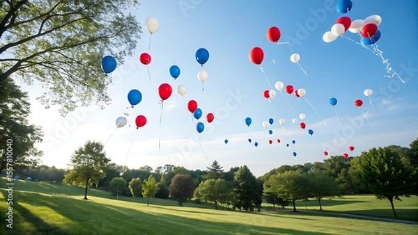 Fototapeta Red white and blue balloons floating up into a clear blue sky