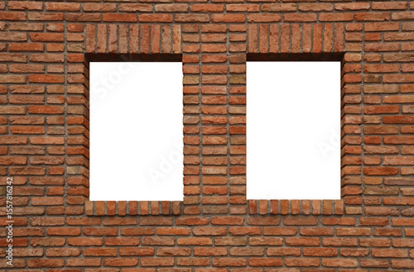 Obraz 2 two windows with a plastic frames and a new modern red brick wall with textured. Flowers in pots behind glass. front view.  mockup white blank template Mock up Mock-up