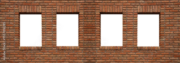 Obraz 2 two windows with a plastic frames and a new modern red brick wall with textured. Flowers in pots behind glass. front view.  mockup white blank template Mock up Mock-up