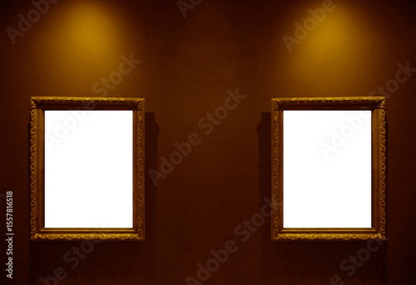 Obraz 2 two black mockup mock up Blanks golden frame isolated on green wall background. antique gold frame on wooden wall backdrop , for Graphics design. empty template Baroque rococo style