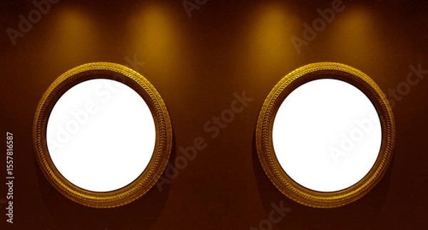 Obraz 2 two black mockup mock up Blanks golden frame isolated on green wall background. antique gold frame on wooden wall backdrop , for Graphics design. empty template Baroque rococo style